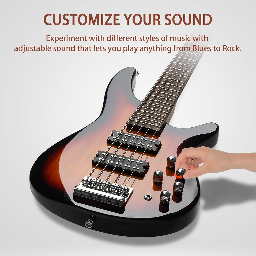 Ktaxon 5 String Electric Bass Guitar, Full Size Standard Right Handed Rosewood Fretboard Bass Kit with Gig Bag Strap Cable Wrench Tool (Upgraded Sunset)