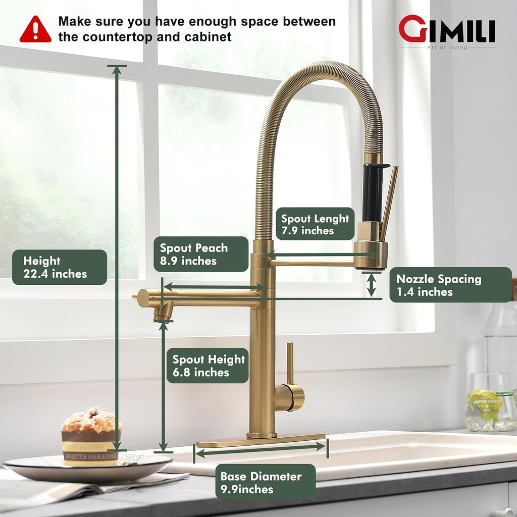 GIMILI Commercial Dual-Spout Gold Kitchen Sink Faucet with Pull Down Sprayer