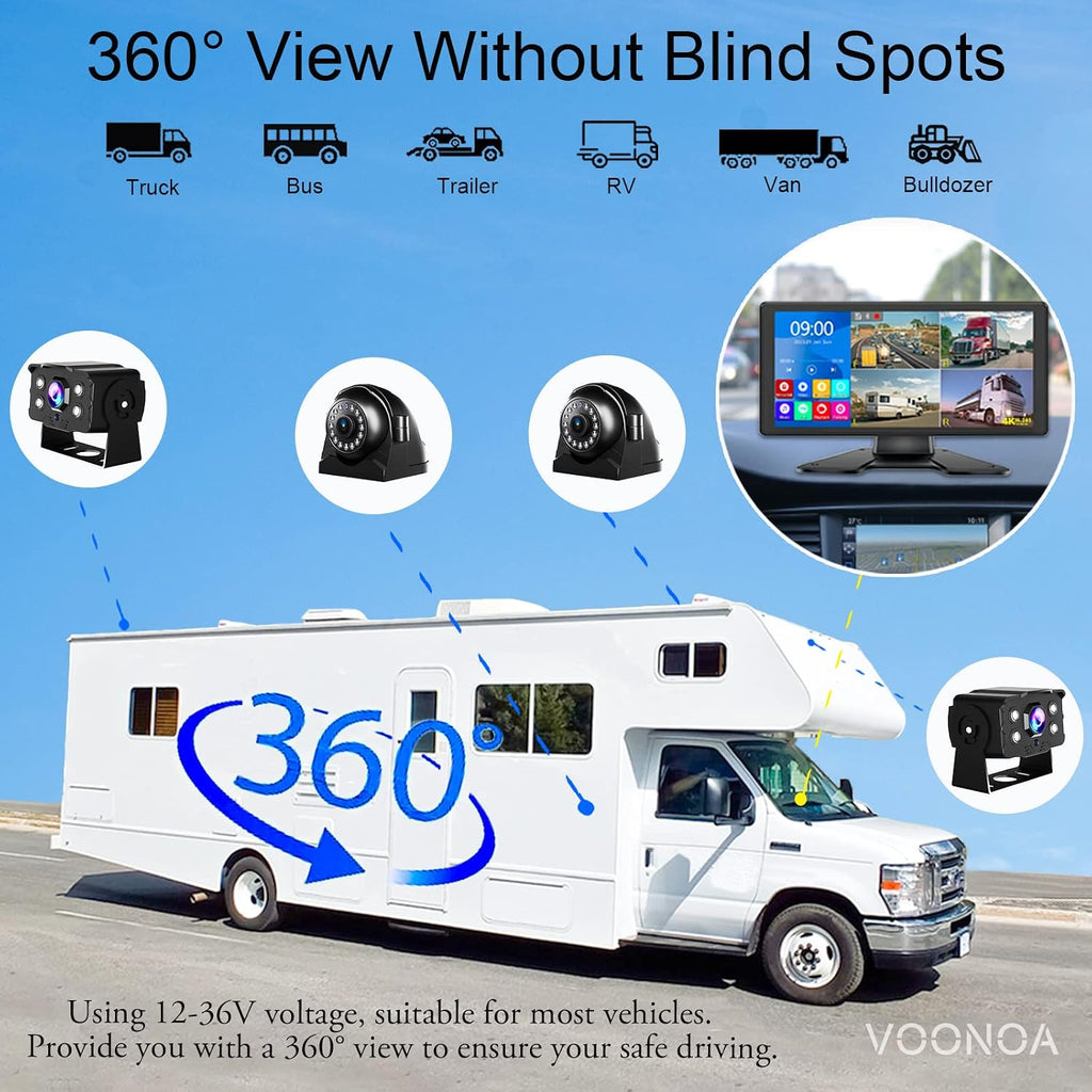 4K RV Backup Camera System 10.36' Quad Split Touch Screen Monitor with 4 1080P Rear Side View Camera, DVR Recording Bluetooth MP3 MP5 IP69 Waterproof Night Vision for RV Truck Trailer Tractor