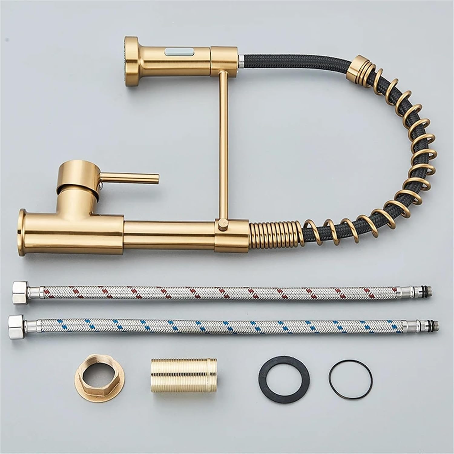 360° Rotating Single Handle Kitchen Faucet with Pull Down 2-Way Spray Hot and Cold Water Mixer Tap(Brush Gold Grey Hose)