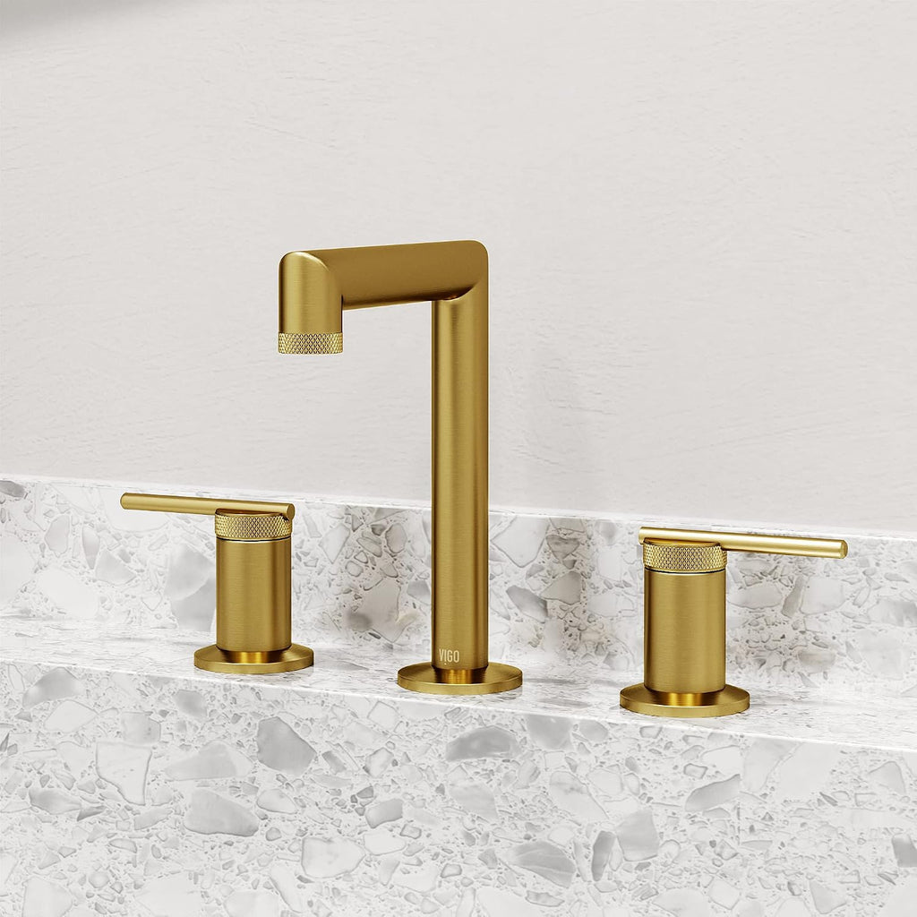 VIGO Sterling Two-Handle Three-Hole Mount Widespread Bathroom Sink Faucet, 7-Inch, Matte Brushed Gold, Modern Design, Solid Brass, 1.2 GPM WaterSense & Ceramic Disc Valve, Corrosion-Resistant