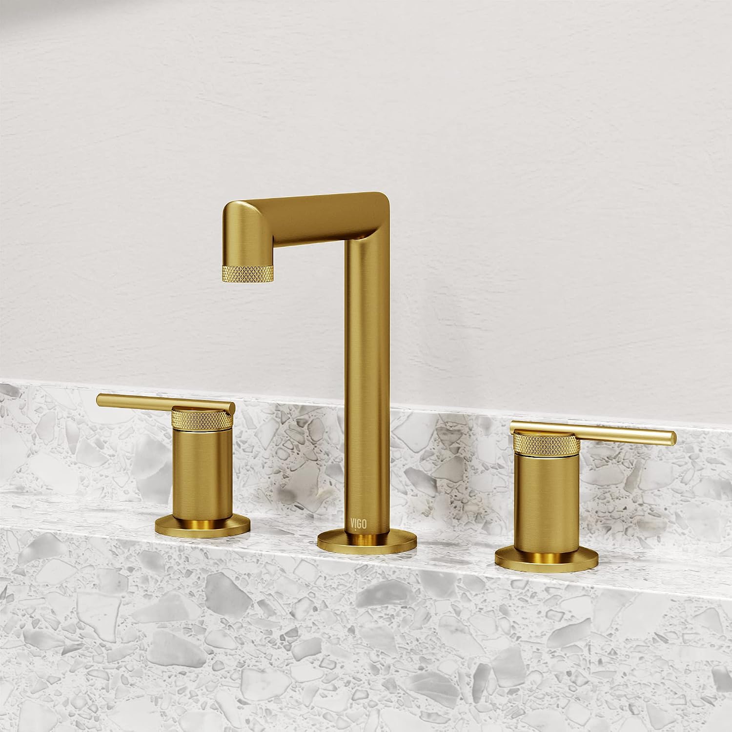 VIGO Sterling Two-Handle Three-Hole Mount Widespread Bathroom Sink Faucet, 7-Inch, Matte Brushed Gold, Modern Design, Solid Brass, 1.2 GPM WaterSense & Ceramic Disc Valve, Corrosion-Resistant
