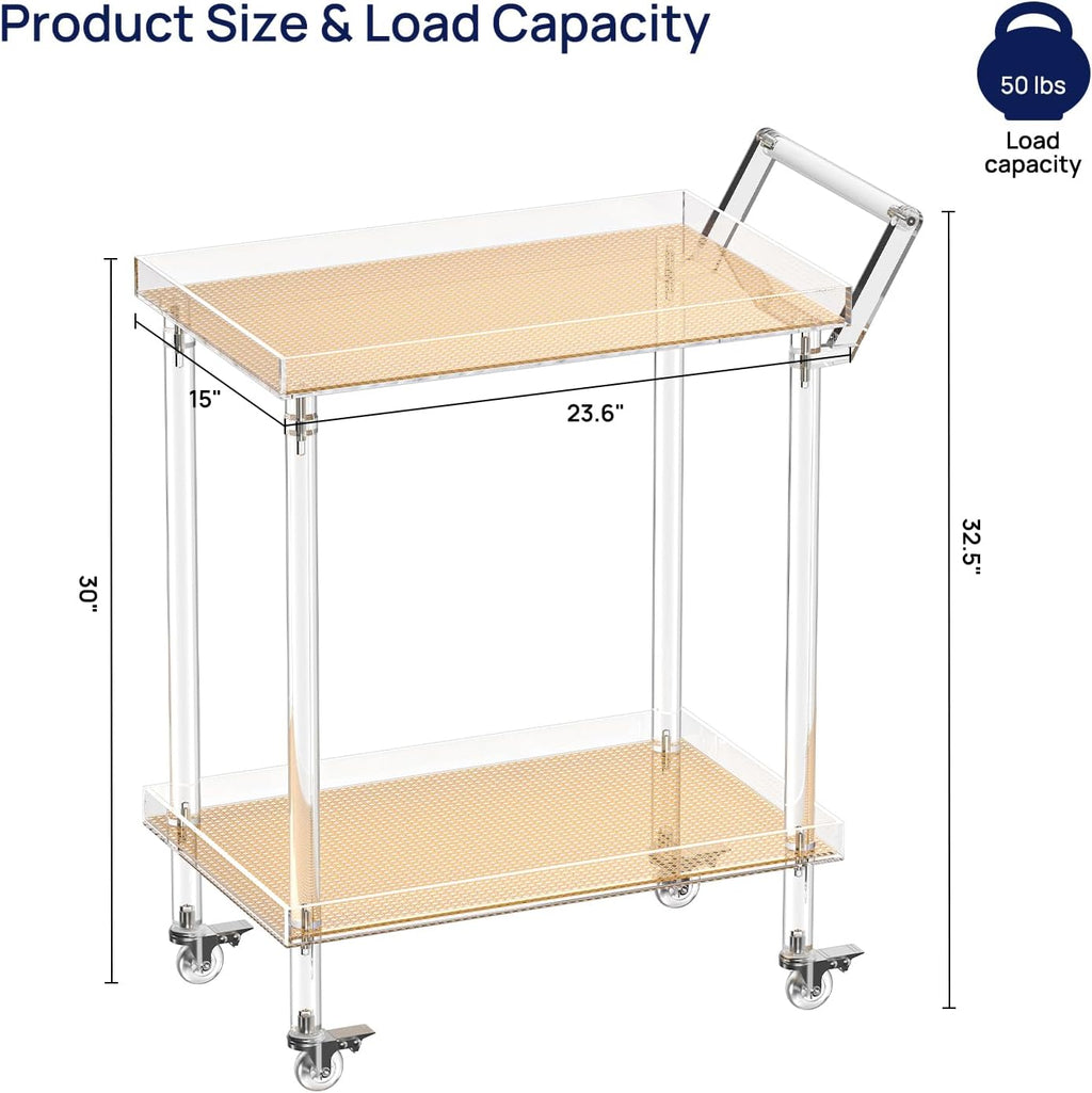 HMYHUM Acrylic Bar Cart, Rattan Home Bar Trolley with Wheels, 2-Tier Rolling Serving Cart for Kitchen, Dining Room, Outdoor, 23.6' L x 15' W x 32.5' H, Modern, Easy Assembly