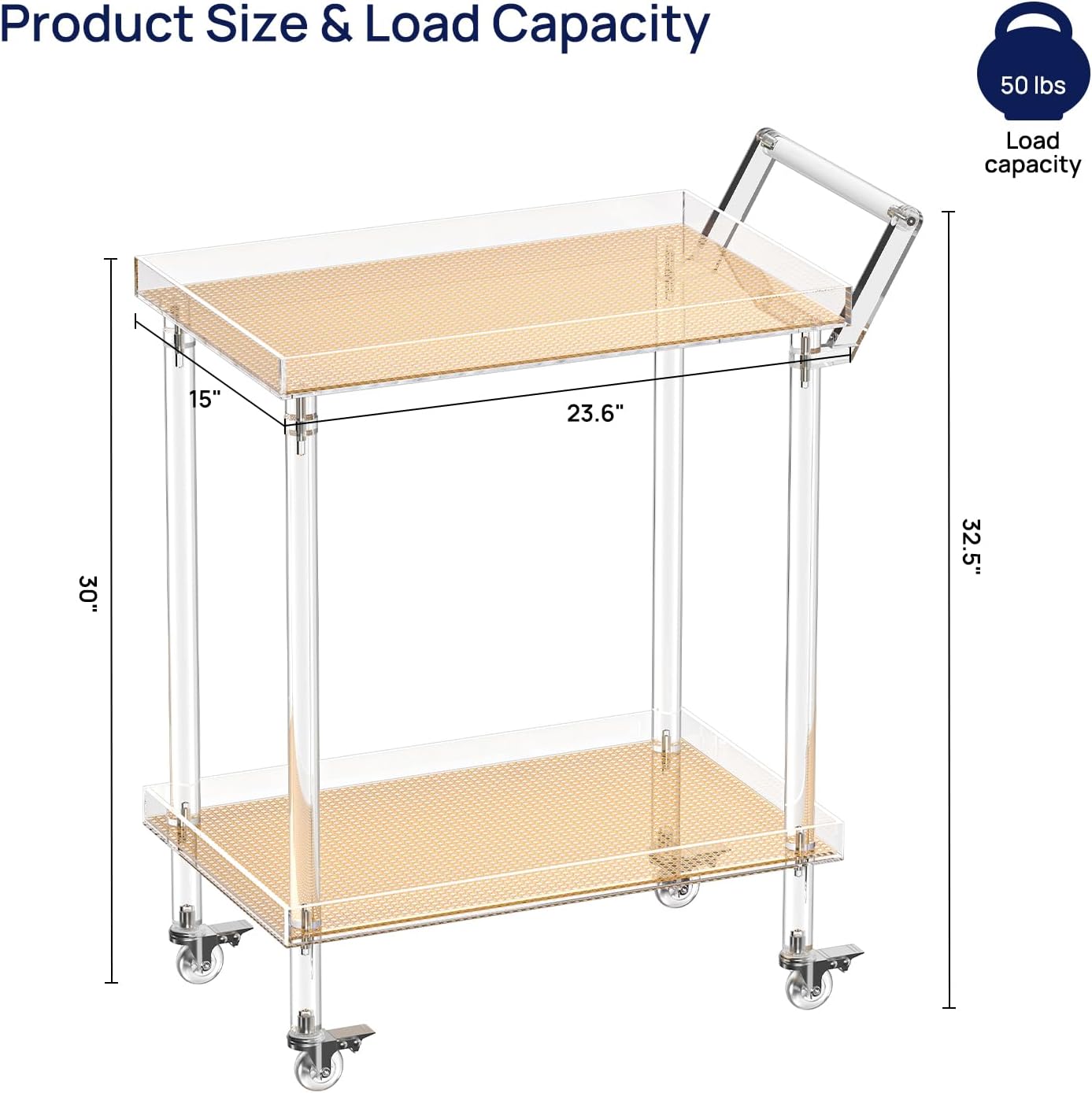 HMYHUM Acrylic Bar Cart, Rattan Home Bar Trolley with Wheels, 2-Tier Rolling Serving Cart for Kitchen, Dining Room, Outdoor, 23.6' L x 15' W x 32.5' H, Modern, Easy Assembly