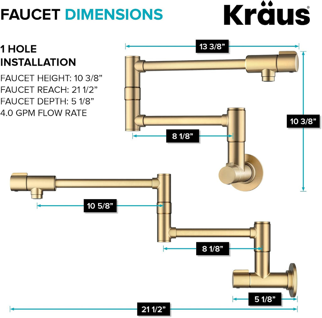 KRAUS Bolden Pot Filler Faucet with Retractable Arm, Wall Mount Kitchen Faucet, Pot Filler for Stove in Spot-Free Brushed Brass, KPF-5003SFBB