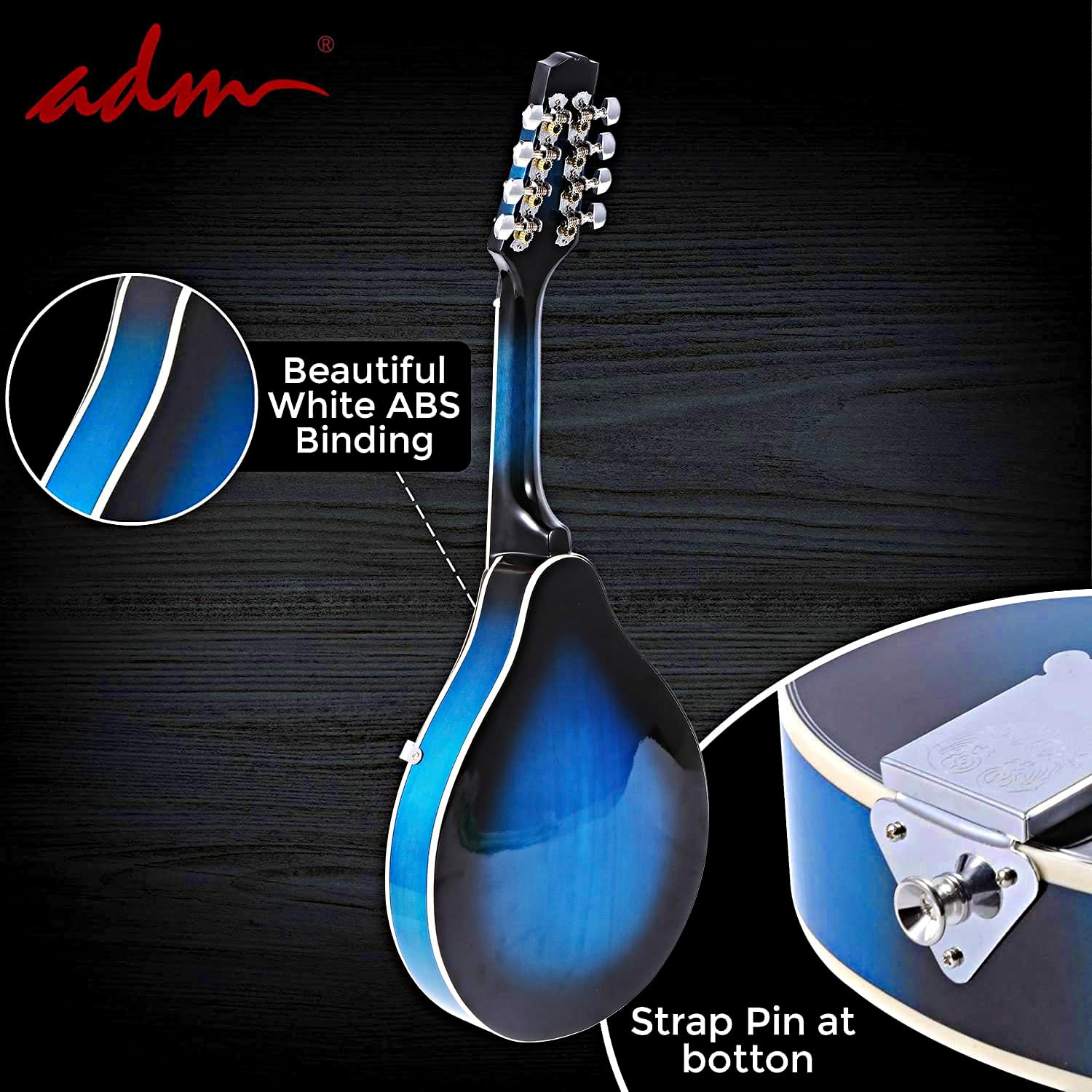 ADM Acoustic Mandolin Instrument Kit Music A Style for Kids Students Adults Wood Mandolins Beginner Set With Bag, Tuner, Pick-up, Strap, Strings, Picks and Hanger, Blue