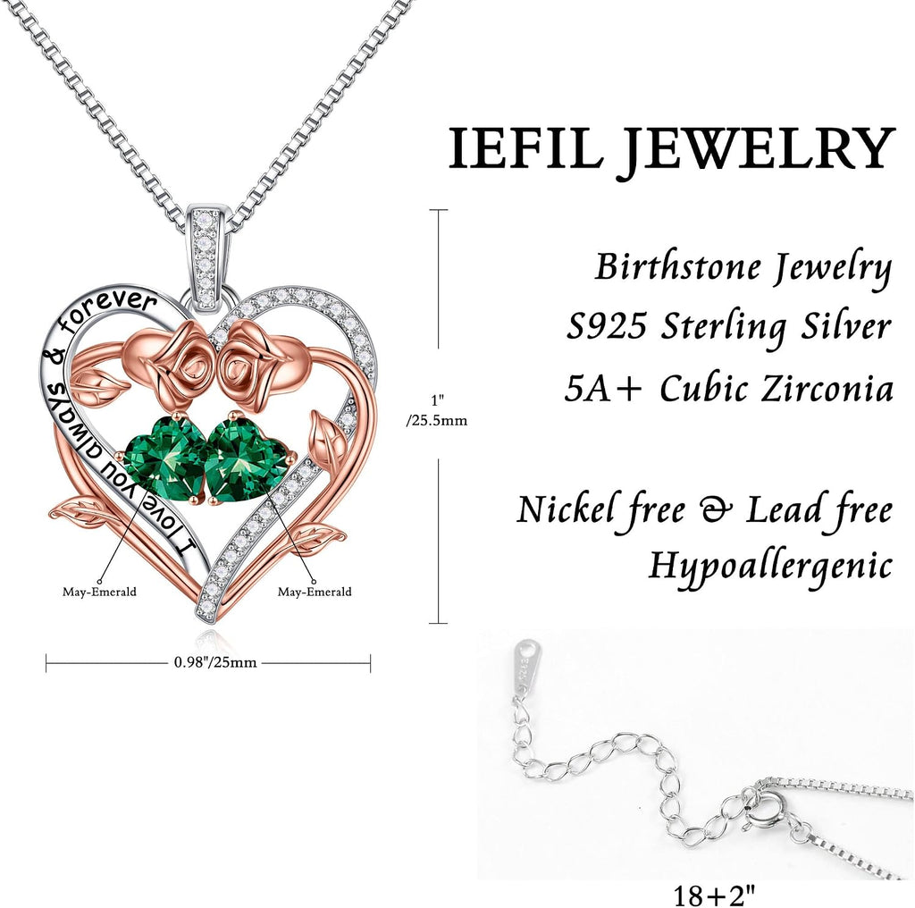 Iefil Rose Heart Double Birthstone Necklace Gifts for Wife Girlfriend Her Women, Birthstone Jewelry Gemstone Birthday Gifts for Mom Grandma Her Wife Women