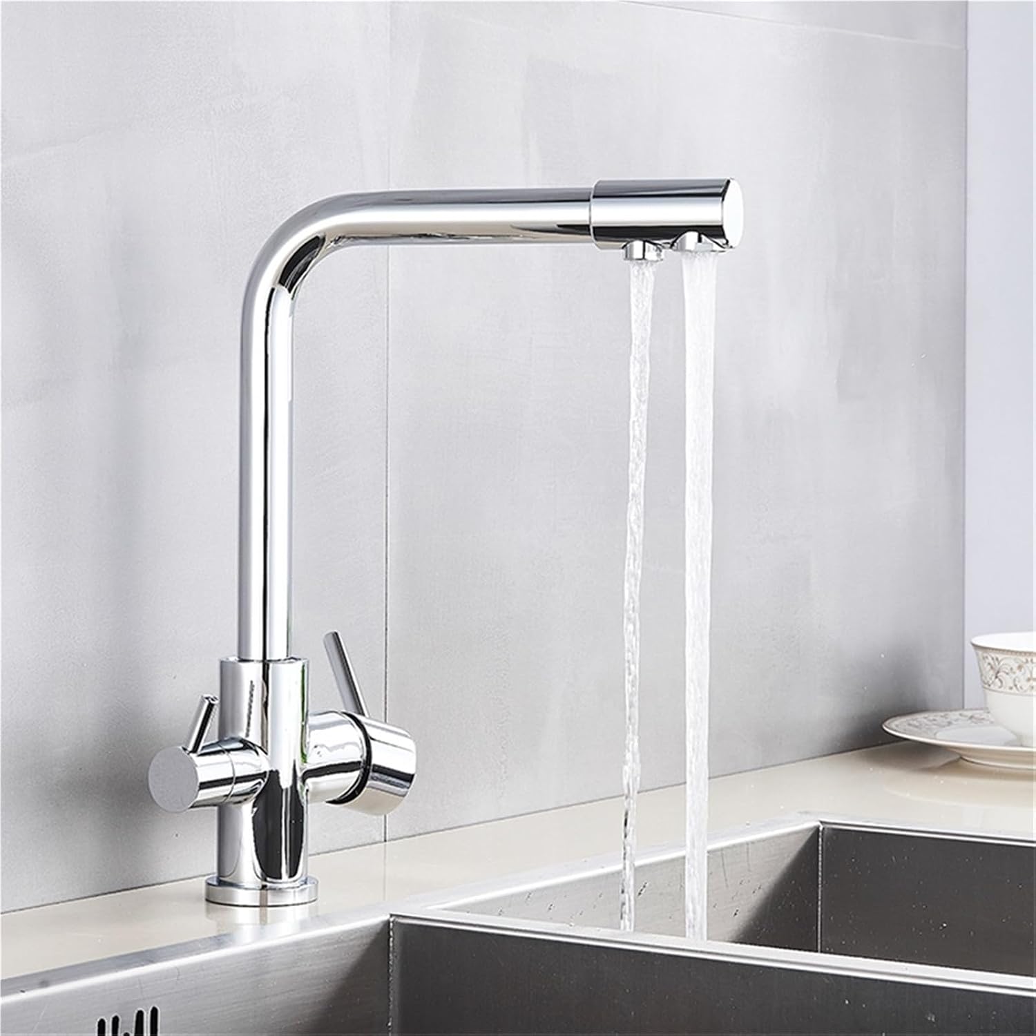 360° Rotating Deck-Mounted Filtered Pure Water Kitchen Faucet with Hot and Cold Water Mixer Tap(Chrome)