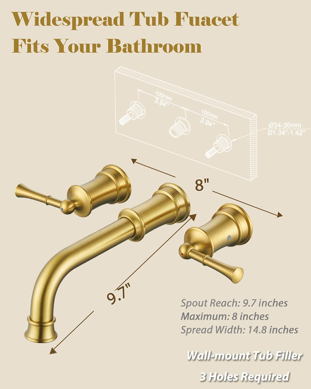 High Flow Wall Mount Tub Filler with Rough-in Valve, Wall Mount Tub Faucet, Brass Roman Bathtub Faucet 2 Handle with 360° Swivel Spout, Brushed Gold(B2306-BG)