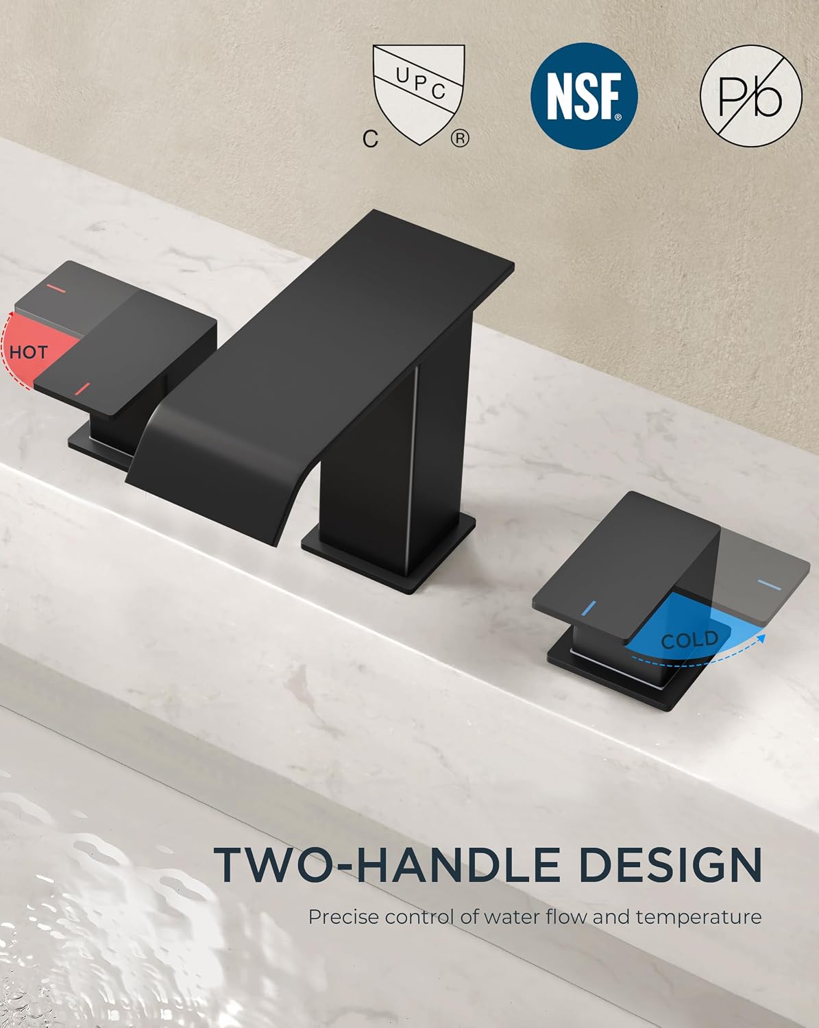 FORIOUS Bathroom Faucets 3 Hole,Matte Black 8 Inch Widespread Bathroom Sink Faucet Waterfall Spout 2 Pack, with Pop Up Drain and Water Supply, Suitable for Vanity Rv Commercial Lavatory Restroom