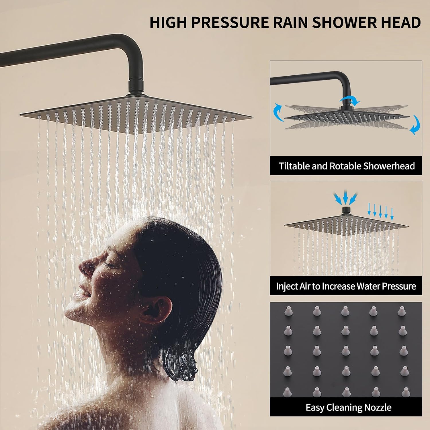 Exposed Shower System 10' Matte Black Rainfall Shower Head with 2 Modes Handheld and Tub Faucet Set, Square Shower Head 3 Functions Outdoor Shower Fixtures with Brass Valve, Height Adjustable