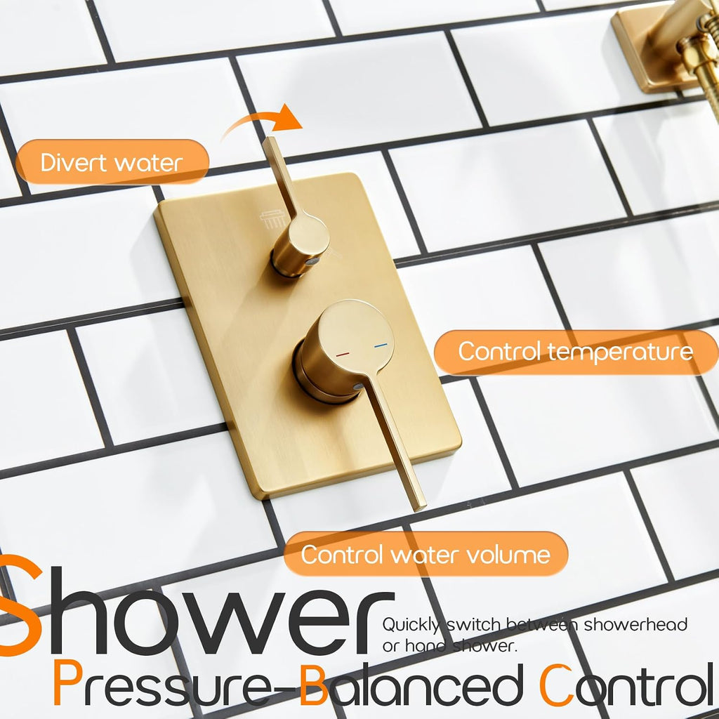 Bathroom Shower Trim Kit with 10'' High Pressure Rain Shower Head, 3-Function Handheld Spray and Valve Included, Wall Mounted Gold Finish SF001GD-D10
