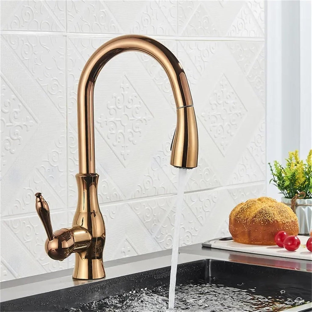 Kitchen Faucets Pull Out Kitchen Sink Mixer Tap Single Lever Hot Cold Water Mixer Tap(Rose Gold)