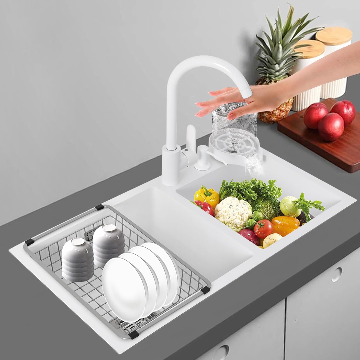 Utility Sinks Kitchen with Cold and Hot Water Fauet 28''x 15'' Stainless Steel Undermount Sink Double Bowl Pressurized Cup Washer Soap Dispenser White