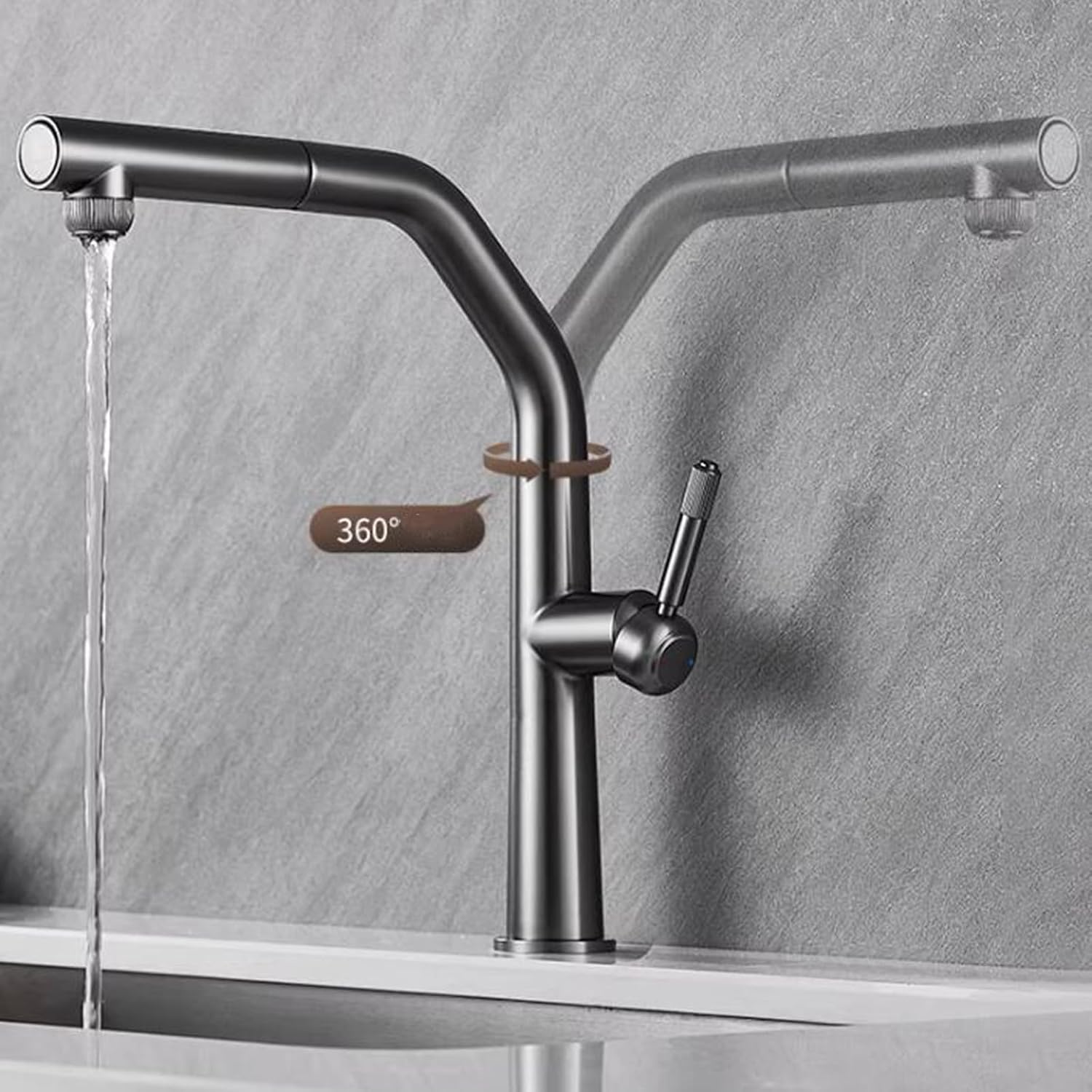 3 Way Pull Out Kitchen Faucet Brass 360° Swivel Single Handle 3 Way Filter Faucet for Kitchen Sink-Grey