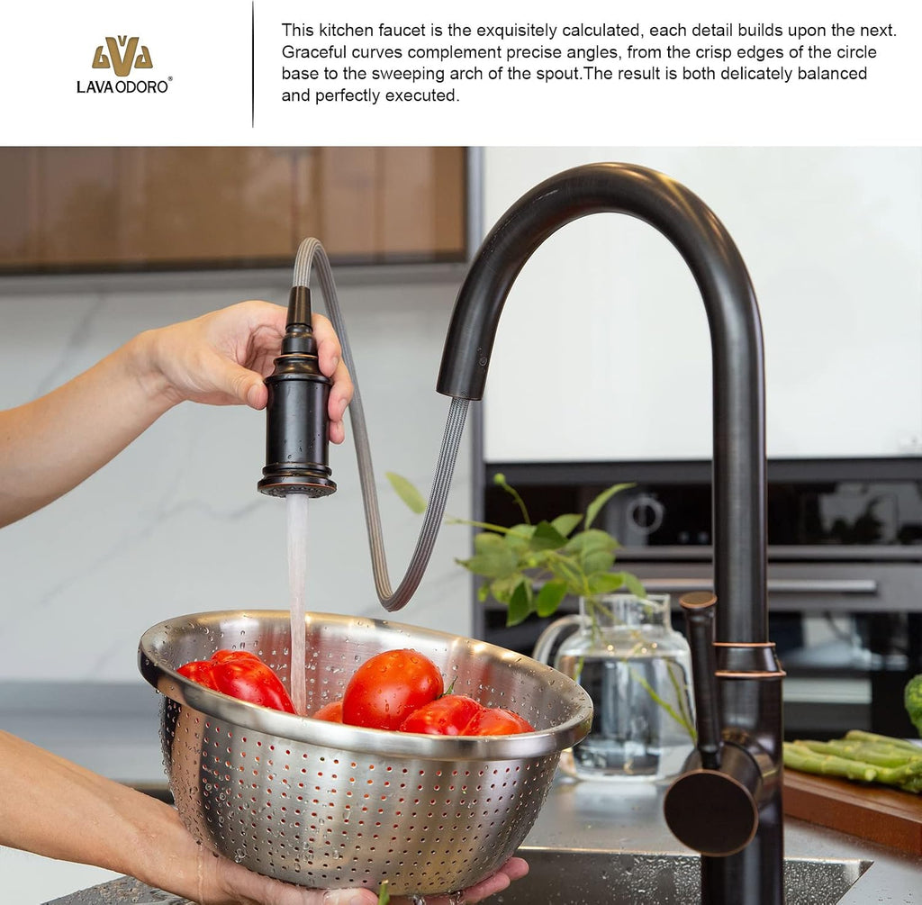 Lava Odoro Oil Rubbed Bronze Kitchen Faucet with Pull Down Sprayer, Single Handle Kitchen Sink Faucet Bronze Faucet for Kitchen Sink 1 Hole and 3 Hole, Deck Plate Included, KF421-ORB