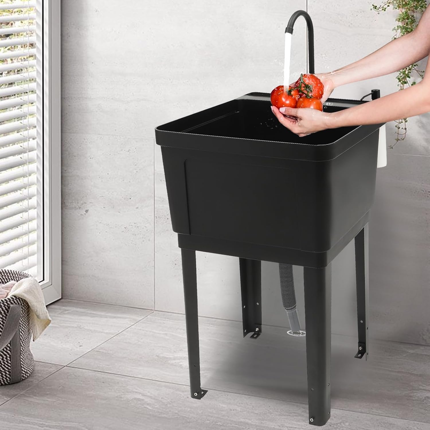 Freestanding Space Saver Utility Sink 19.68 * 19 * 33.07in kitchen Sink with Washboard Utility Sink with Cold and Hot Water Faucet, Hoses and Soap Dispenser for Laundry Room, Garage, Basement (Black)
