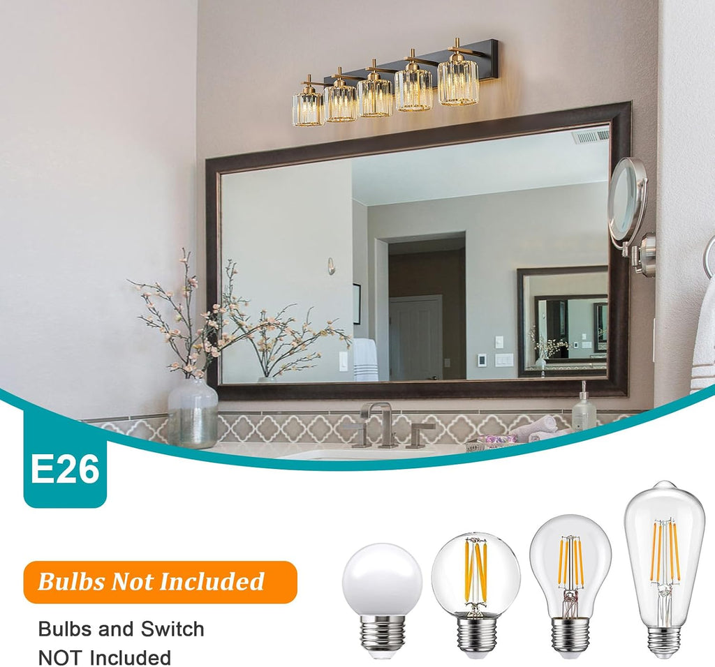 Modern Crystal Bathroom Vanity Lights, Black Gold 5-Lights Bathroom Light Fixtures Over Mirror, Crystal Wall Lighting with Polished Gold Finish(Exclude Bulb)