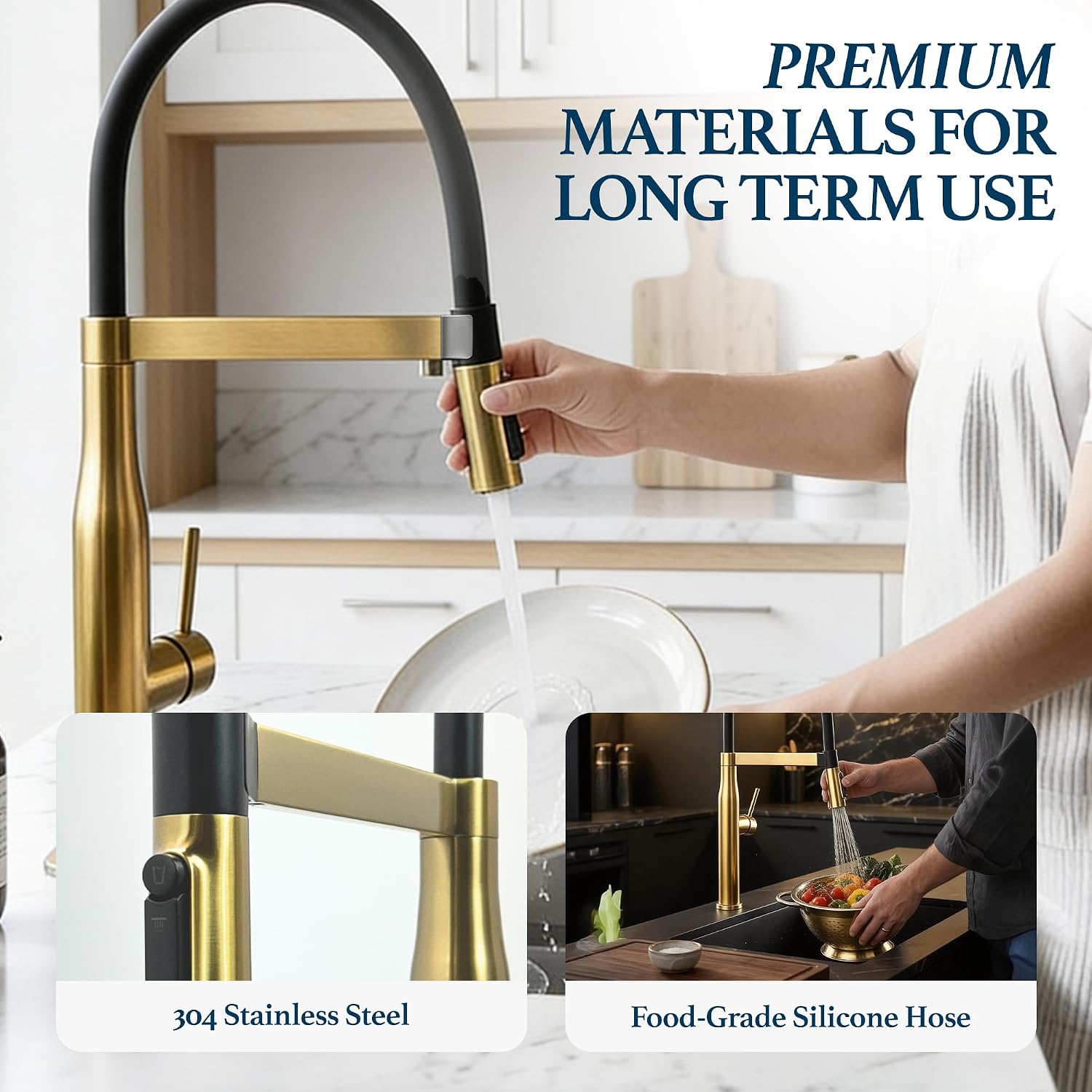 STiLWERK 3-in-1 Kitchen Sink Faucet with Pull-Out Sprayer, 3 Way Hot, Cold & Drinking Water Mixer, Magnetic Docking, Stainless Steel, Champagne Gold Finish