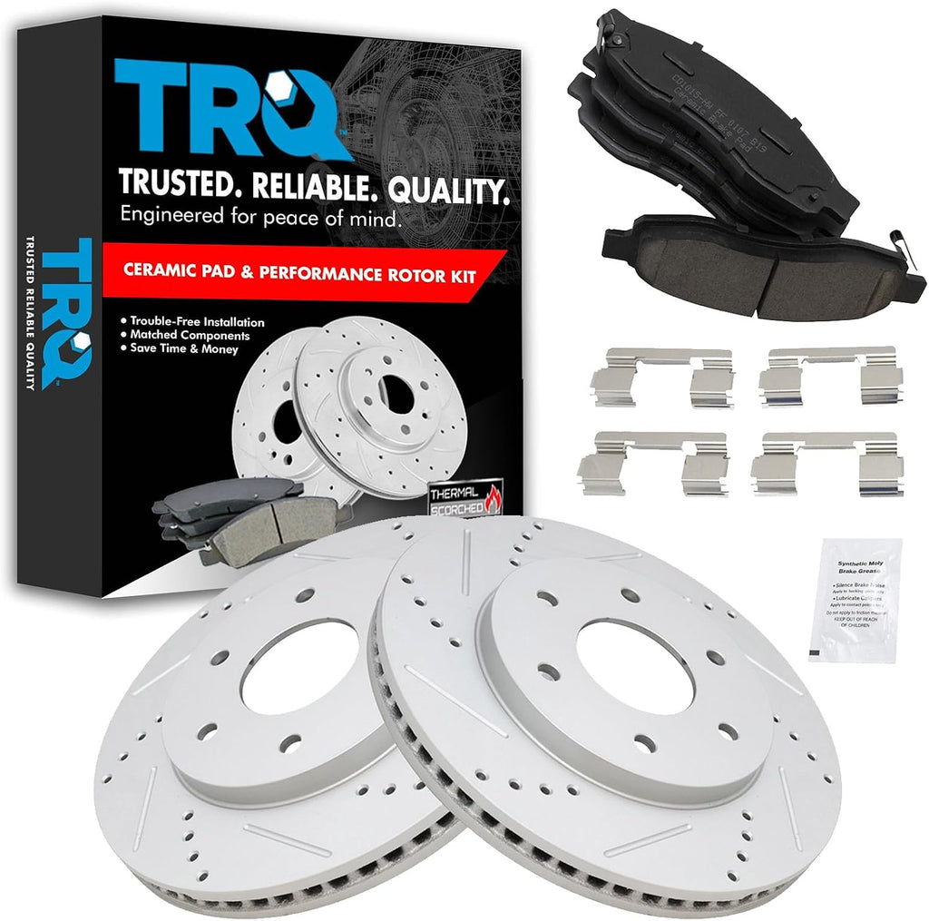 TRQ Performance Front Brake Pad and Rotor Set Ceramic G Coated Drilled Slotted Vented Rotors Compatible with 2004-2005 Infiniti QX56 2004-2005 Nissan Titan 2004 Pathfinder Armada 2005 Armada