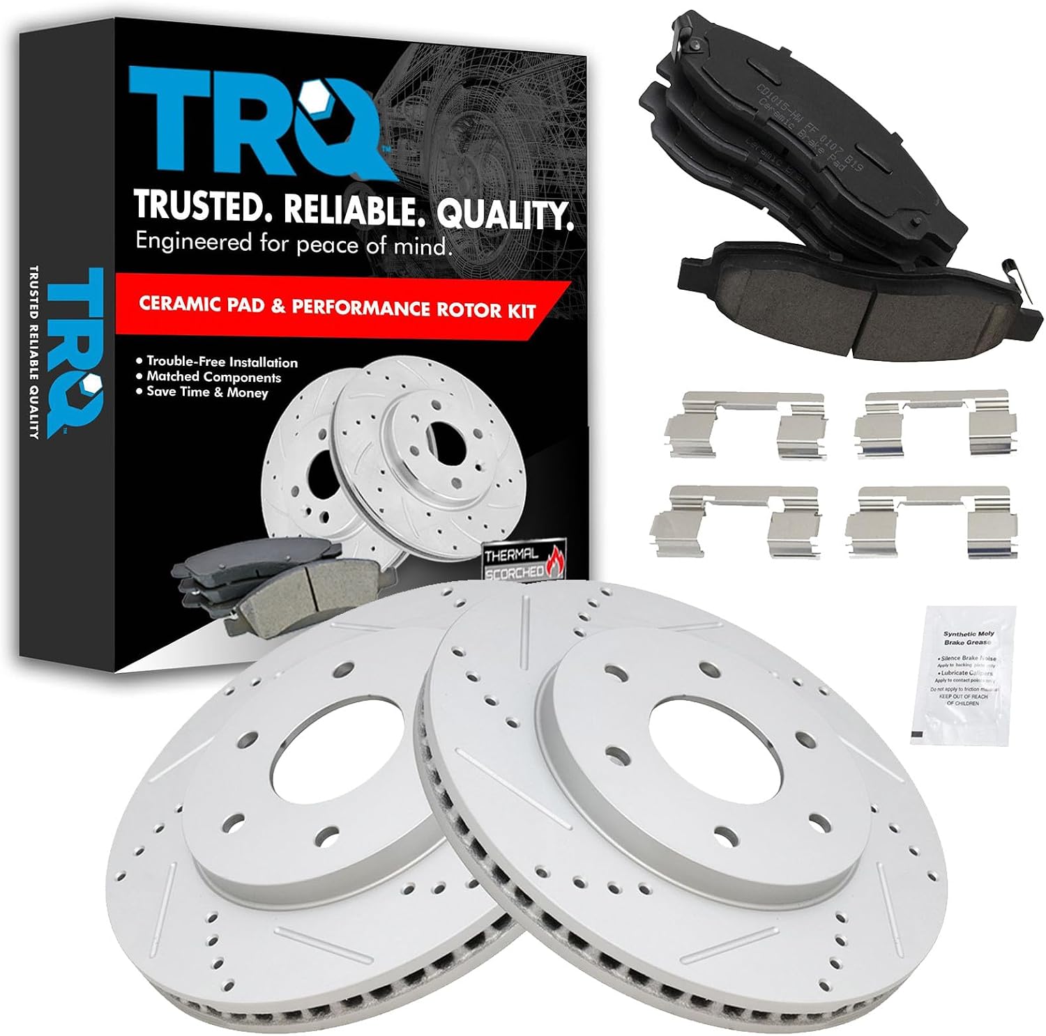 TRQ Performance Front Brake Pad and Rotor Set Ceramic G Coated Drilled Slotted Vented Rotors Compatible with 2004-2005 Infiniti QX56 2004-2005 Nissan Titan 2004 Pathfinder Armada 2005 Armada