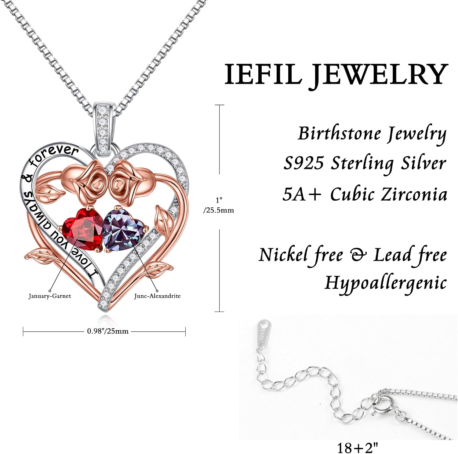 Iefil Rose Heart Double Birthstone Necklace Gifts for Wife Girlfriend Her Women, Birthstone Jewelry Gemstone Birthday Gifts for Mom Grandma Her Wife Women