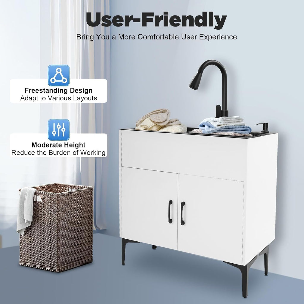 30-Inch Laundry Sink with Cabinet and Pull-Out Sprayer Fauce, Freestanding Kitchen Sink Cabinet w/Stainless Steel Double Sink & Draining Basket, Wash Station Tub for Laundry & Utility Room, Bathroom