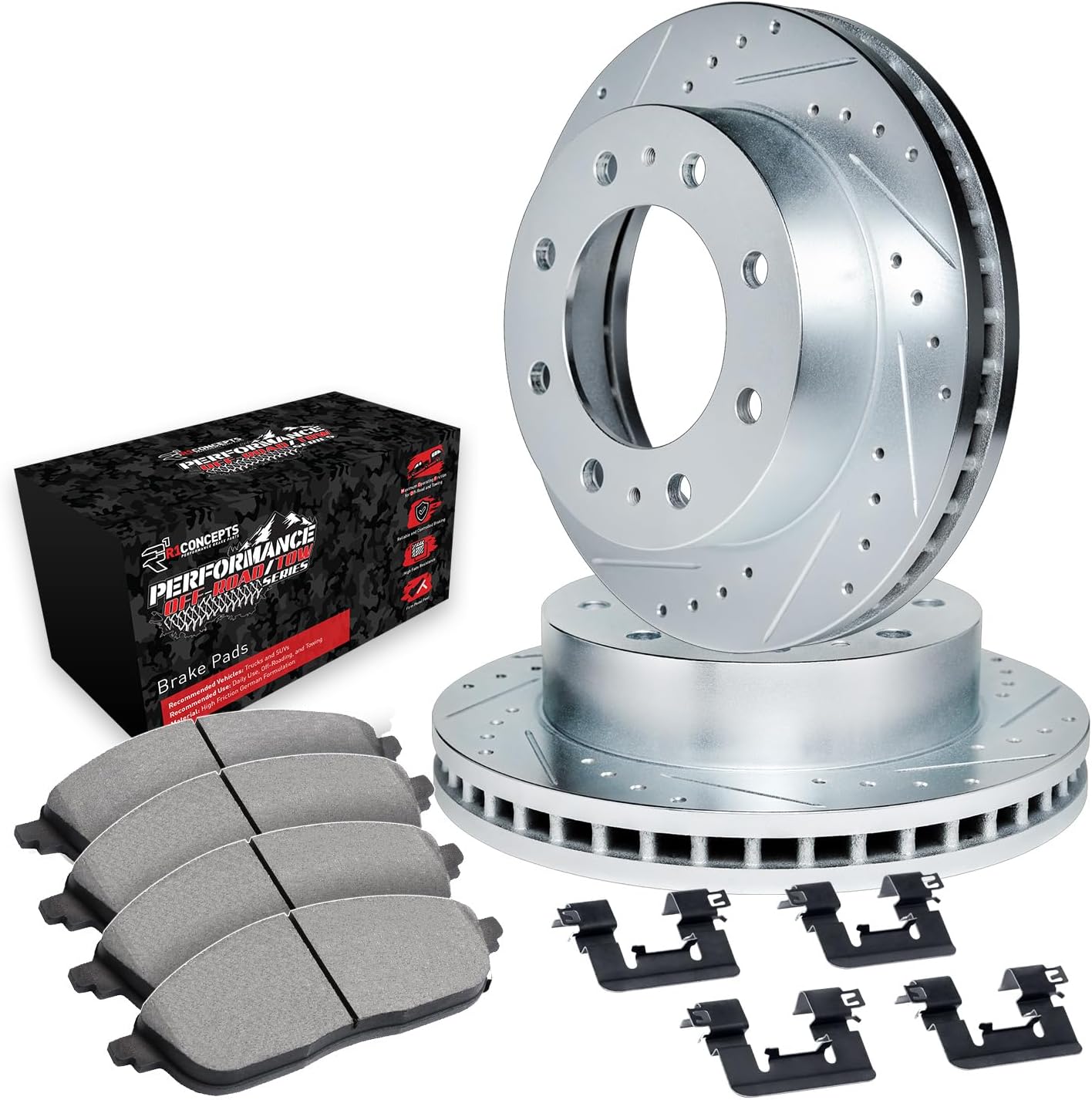 R1 Concepts Front Brake Kit Fits 2003-2008 Dodge Ram 2500, Ram 3500; 2006-2008 Dodge Ram 1500| Off-Road/Tow Pads, Drilled Slotted Rotors| Hardware| 13.9' Front