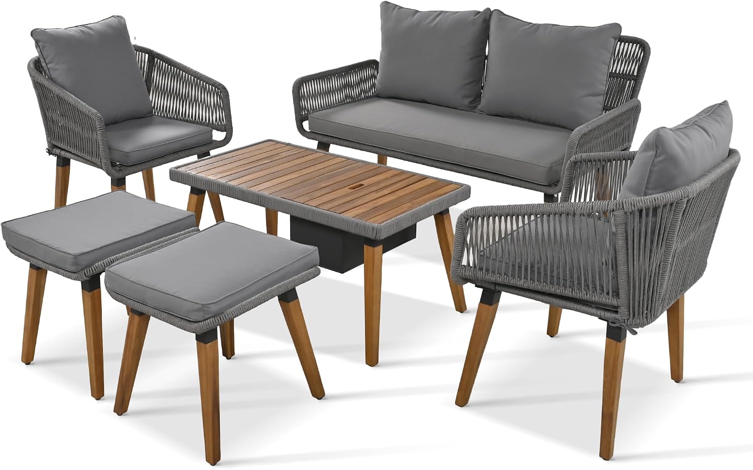 6-Piece Rope Patio Furniture Set, Outdoor Furniture with Acacia Wood Cool Bar Table with Ice Bucket, Deep Seat Patio Conversation Set with Two Stools for Backyard Porch Balcony (Grey-001)