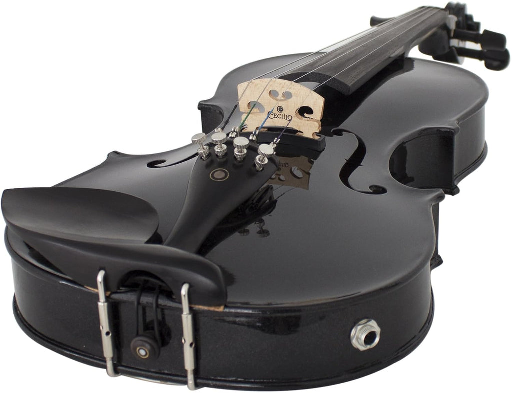 Cecilio 4/4 Full Size Acoustic & Electric Violin for Beginners & Professionals, Hand-Carved Solid Spruce Top, Ebony Fine Tuners, Full Set with Case, Bow, Rosin & AUX Cable (Metallic Black)