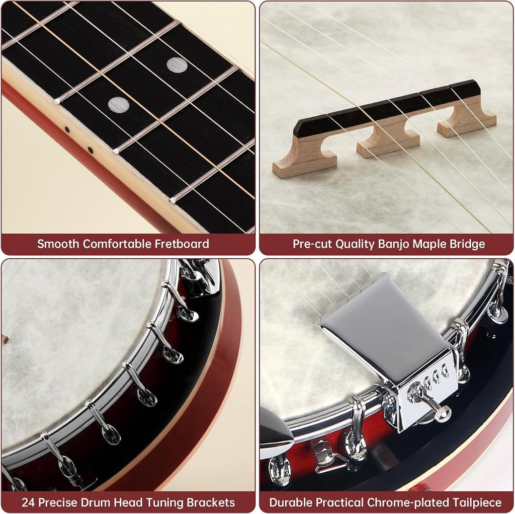 Kmise Banjo, 5 String Electric Acoustic Banjos with Remo Head Full Size 38 Inch Closed Back with Removable Resonator, Strings Pack, Finger Picks, Strap, Case for Beginners Adults Starter Gift