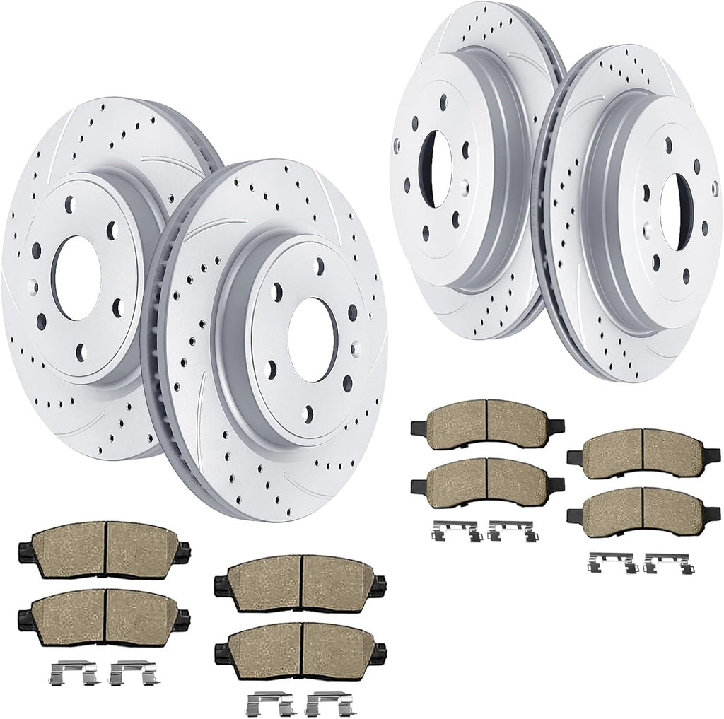Acinoparts Front(12.80') and Rear(13.03') Brake Kit for Chevy Traverse Buick Enclave GMC Acadia Limited Saturn Outlook Drilled & Slotted Disc Brake Rotors Ceramic Brakes Pads