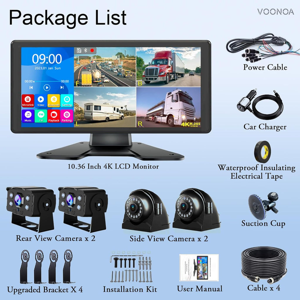 4K RV Backup Camera System 10.36' Quad Split Touch Screen Monitor with 4 1080P Rear Side View Camera, DVR Recording Bluetooth MP3 MP5 IP69 Waterproof Night Vision for RV Truck Trailer Tractor