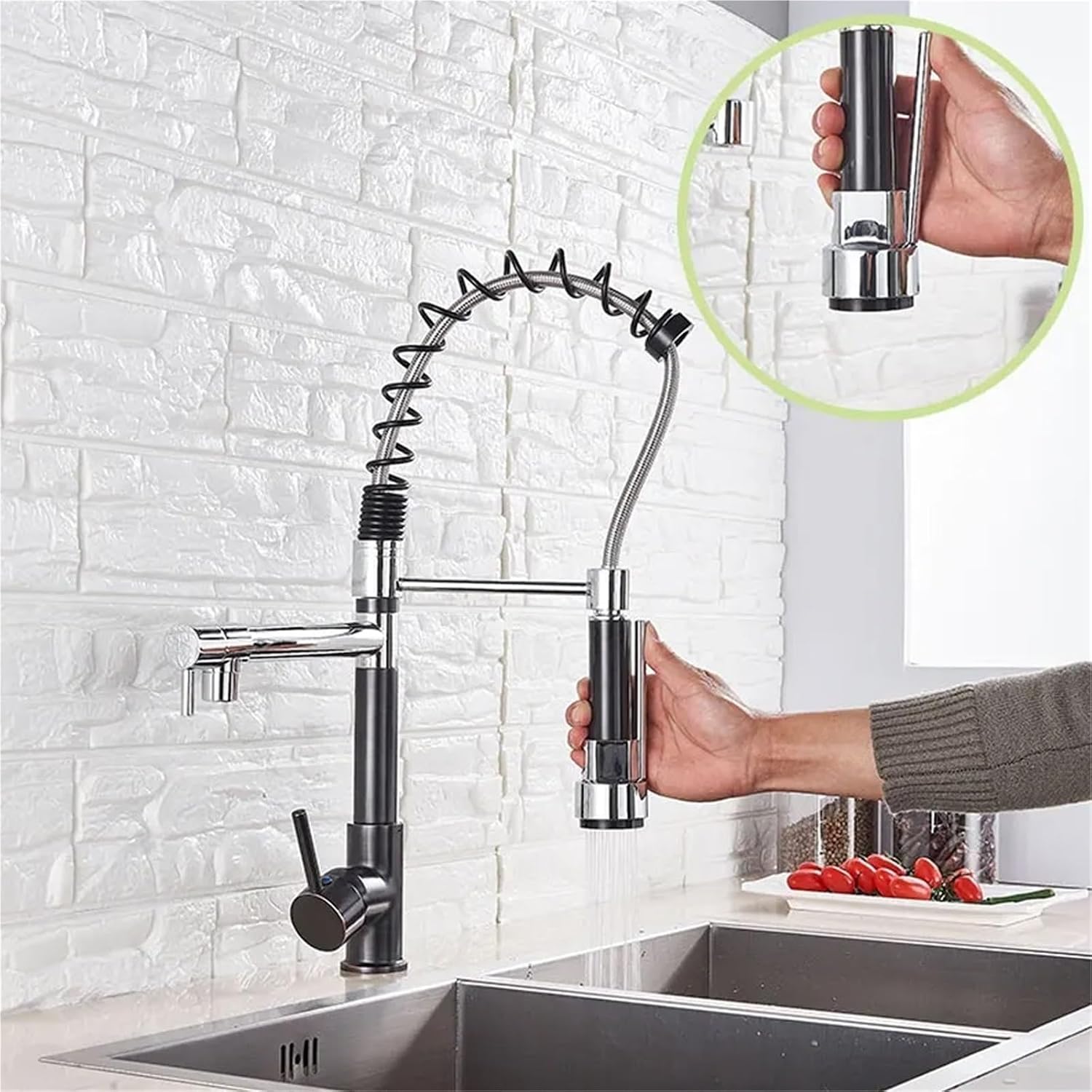 Kitchen Spring Faucet Pull Down Pull Out Dual Spouts 360 Rotation Cold and Hot Water Single Handle Mixer Tap(Chrome)