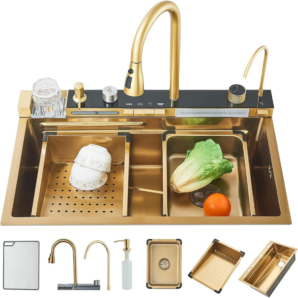 Brushed Gold Waterfall Kitchen Sink Stainless Steel Single Bowl Drop In Sink with Pull-Out Faucet Kitchen Sink Workstation with Cup Washer, Soap Dispenser, Water Filter Tap (29.52'X18.11')