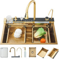 Brushed Gold Waterfall Kitchen Sink Stainless Steel Single Bowl Drop In Sink with Pull-Out Faucet Kitchen Sink Workstation with Cup Washer, Soap Dispenser, Water Filter Tap (29.52'X18.11')