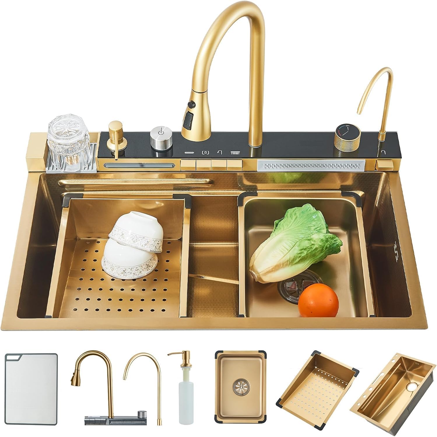 Brushed Gold Waterfall Kitchen Sink Stainless Steel Single Bowl Drop In Sink with Pull-Out Faucet Kitchen Sink Workstation with Cup Washer, Soap Dispenser, Water Filter Tap (29.52'X18.11')