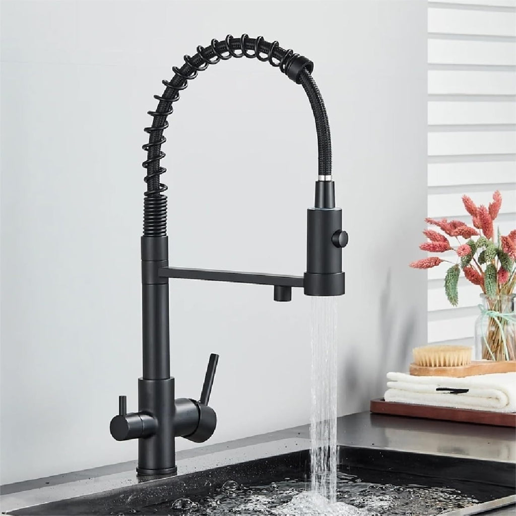 Filtered Kitchen Faucet Pure Drinking Water Brass Kitchen Tap Daul Spout Water Purifier Faucet(Matte Black)