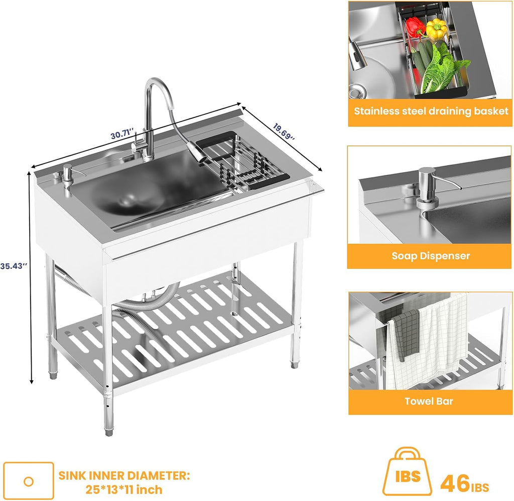 Stainless Steel Utility Sink, 30.8'' Free Standing Single Bowl Sink with Pull-Out Faucet & Cold and Hot Water Pipe & basket, Indoor and Outdoor Sink for Laundry Room, Garage, Kitchen, Silver