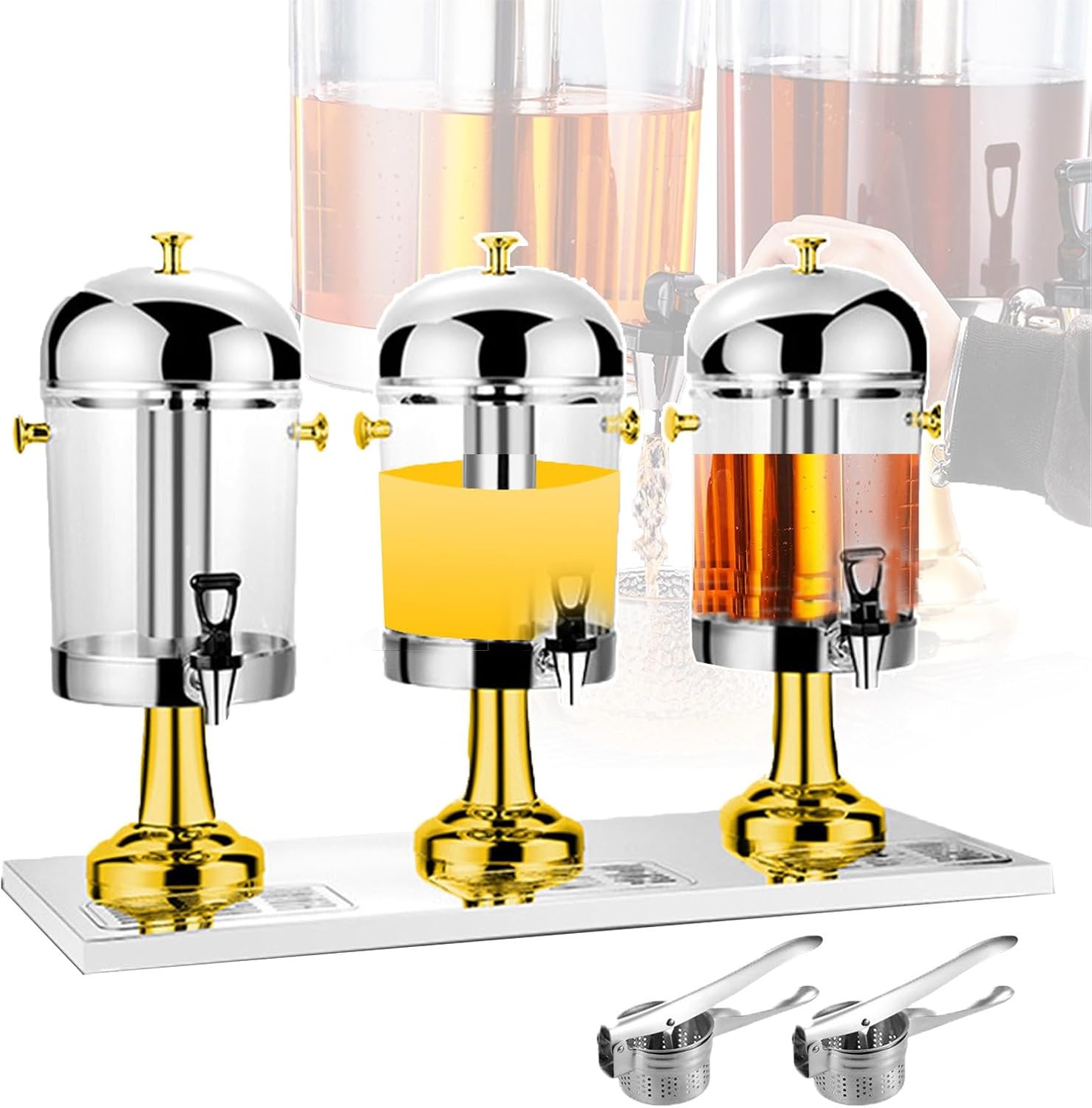 24L Commercial Beverage Juice Dispenser | Cold & Warm Drink Dispenser with Tap | Chillers & Water Fountains Three Head Juice Dispensers for Flower Tea, Soy Milk，Gold