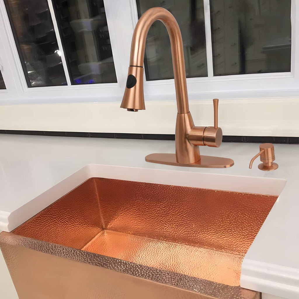 Akicon Copper Kitchen Faucet with Soap Dispenser, Single Handle Solid Brass High Arc Pull Down Sprayer Head Kitchen Sink Faucets with Deck Plate AK96455