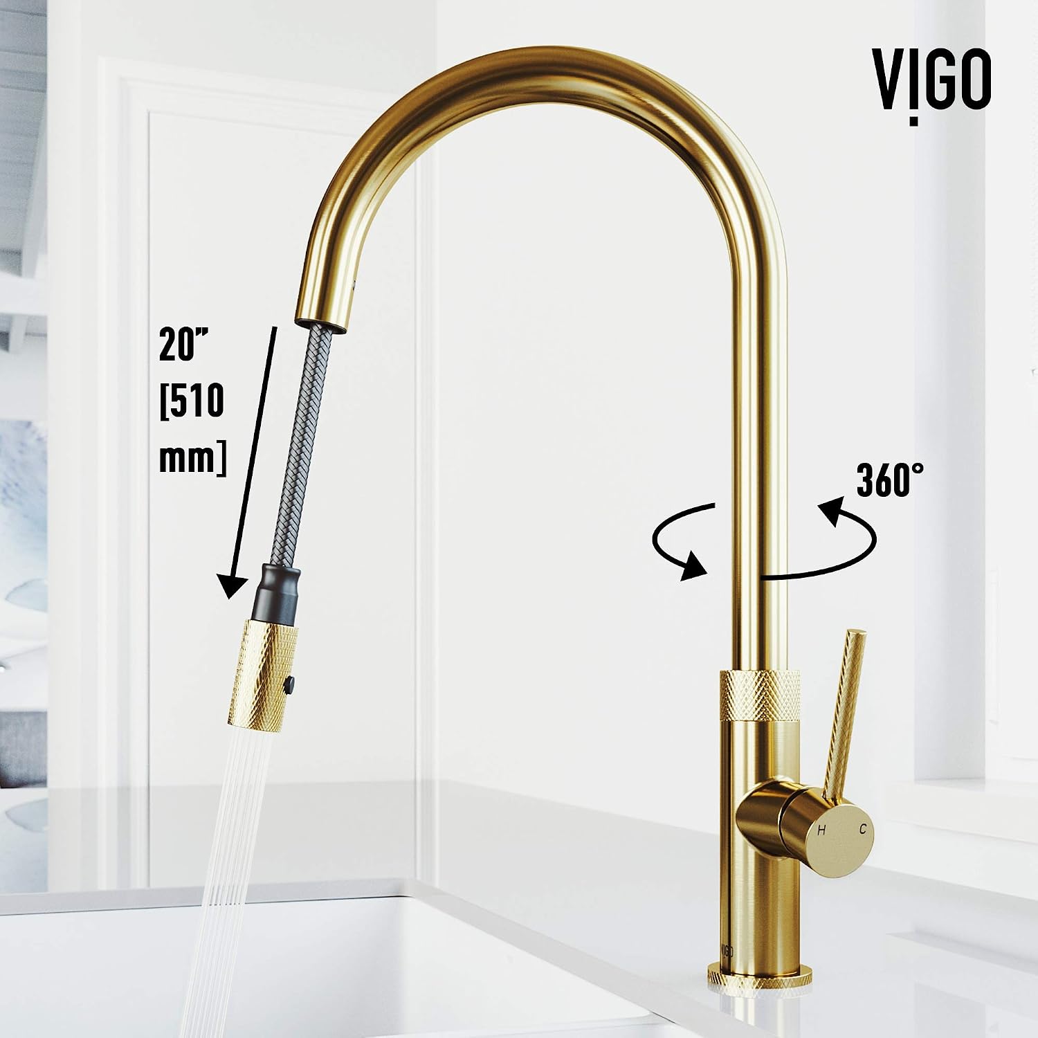 VIGO Bristol 19'' H Single Handle Pull-Down Sprayer Kitchen Faucet in Matte Brushed Gold-VG02033MG
