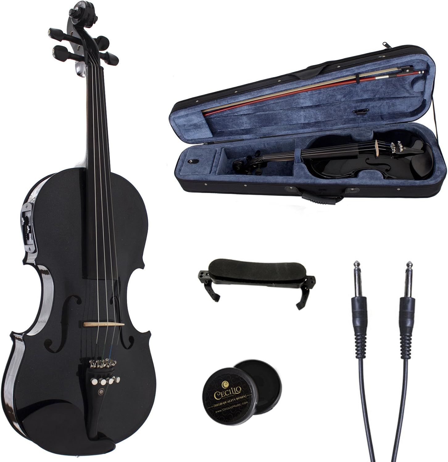 Cecilio 4/4 Full Size Acoustic & Electric Violin for Beginners & Professionals, Hand-Carved Solid Spruce Top, Ebony Fine Tuners, Full Set with Case, Bow, Rosin & AUX Cable (Metallic Black)