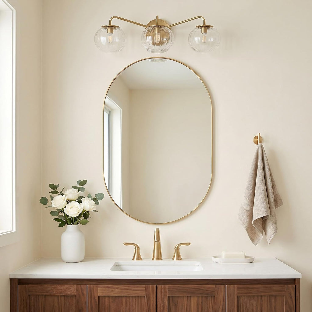 ANDY STAR Brushed Gold Vanity Lights, 3 Light Bathroom Light Fixtures with Clear Pumpkin-Ribbed Glass Globe Shade, Brass Vintage Striped Wall Lights, Up or Down, G9 Base (No Bulbs)