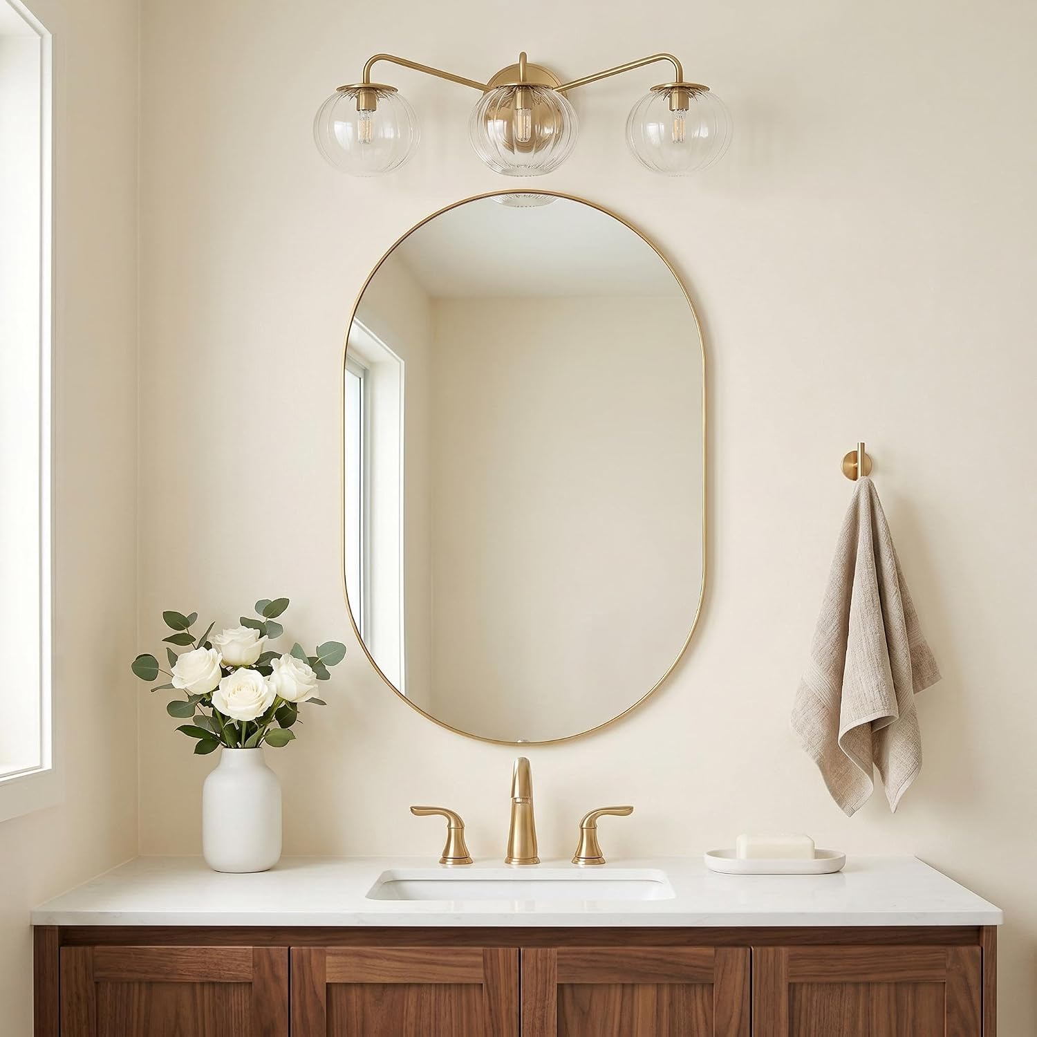 ANDY STAR Brushed Gold Vanity Lights, 3 Light Bathroom Light Fixtures with Clear Pumpkin-Ribbed Glass Globe Shade, Brass Vintage Striped Wall Lights, Up or Down, G9 Base (No Bulbs)