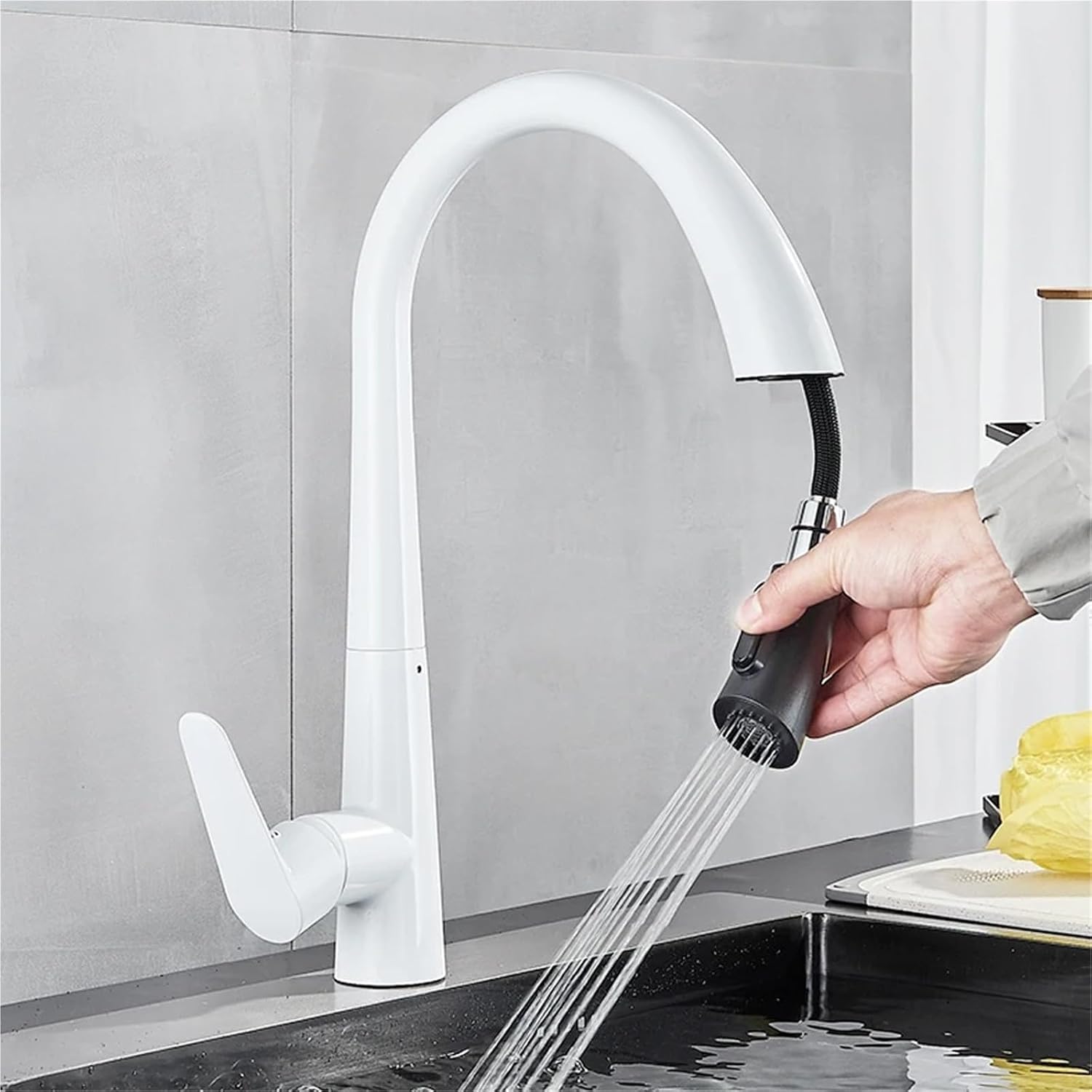 Kitchen Faucet Flexible Pull Out Mixer Tap Deck Mounted 360 Swivel 2 Mode Hot Cold Water Faucets(White)
