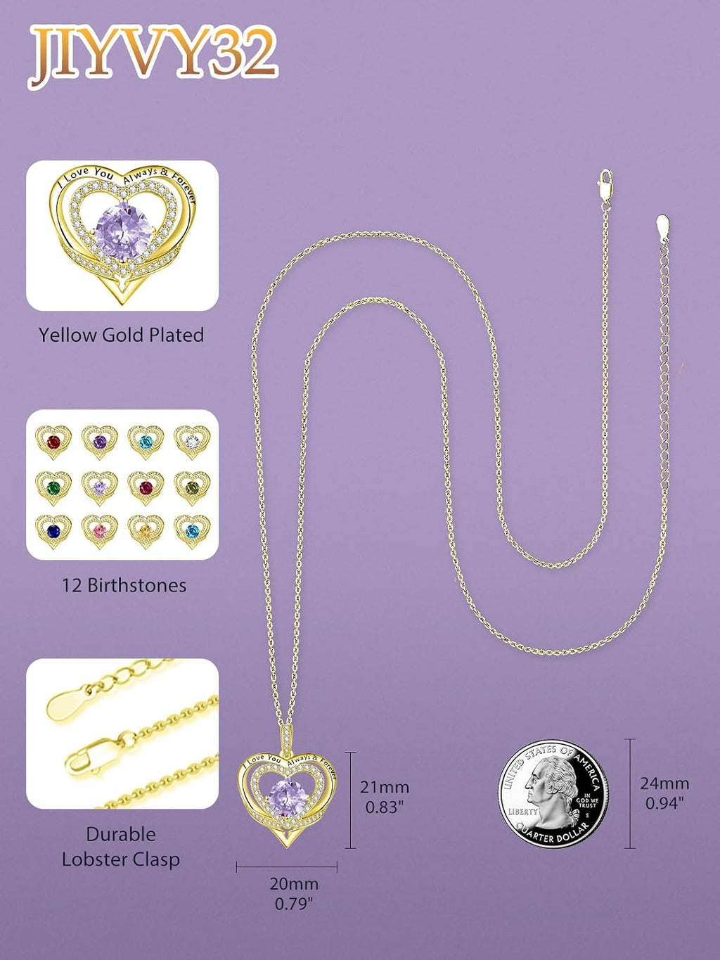 14K Gold Heart Necklaces for Women with Birthstone Pendant ，Double Hearts Necklace Jewelry Gift for Girlfriend Mom Anniversary Birthday Adjustable Chain 18' + 2' 'I Love You Always & Forever