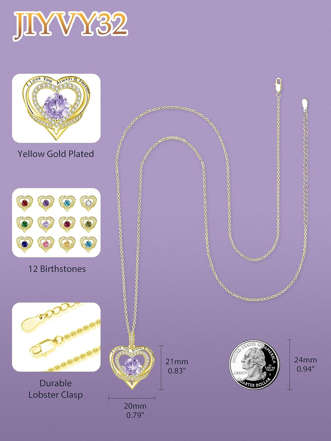14K Gold Heart Necklaces for Women with Birthstone Pendant ，Double Hearts Necklace Jewelry Gift for Girlfriend Mom Anniversary Birthday Adjustable Chain 18' + 2' 'I Love You Always & Forever