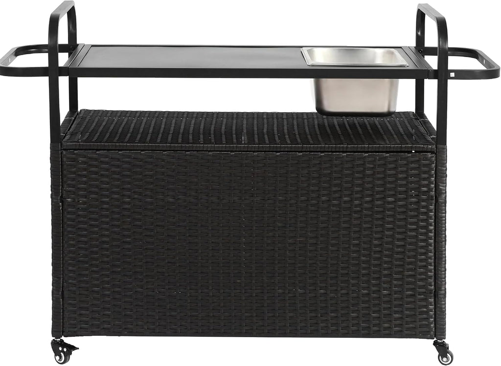 Outdoor Wicker Bar Table, All-Weather Rolling Rattan Bar Cart with Lockable Wheels, Steel Top and Ice Bucket, Outdoor Storage Cabinet Waterproof for Patio, Garden, Poolside, Backyard, Black