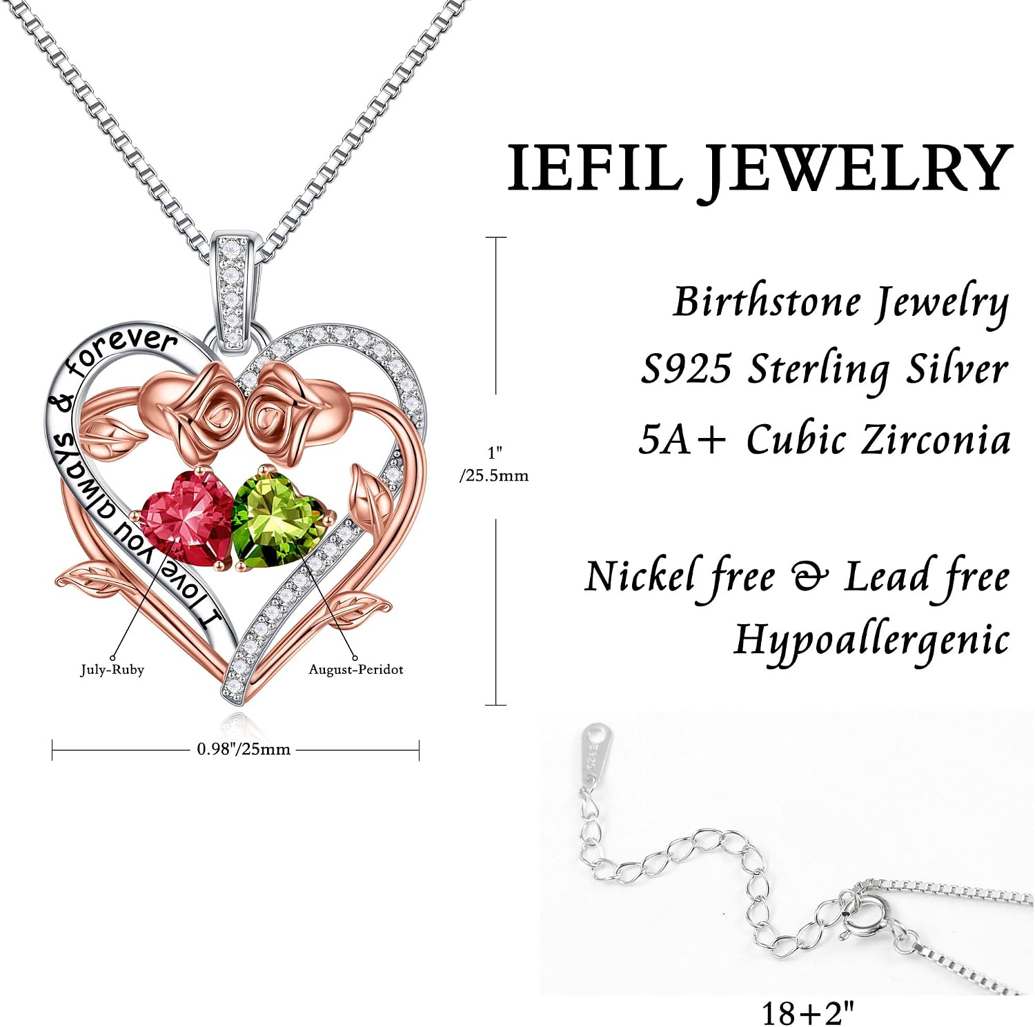 Iefil Rose Heart Double Birthstone Necklace Gifts for Wife Girlfriend Her Women, Birthstone Jewelry Gemstone Birthday Gifts for Mom Grandma Her Wife Women